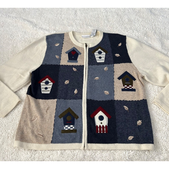 Croft & Barrow Womens Cream Knit Bird Embroidered Sweater Sz 1XL Cottage Costal - Picture 1 of 5